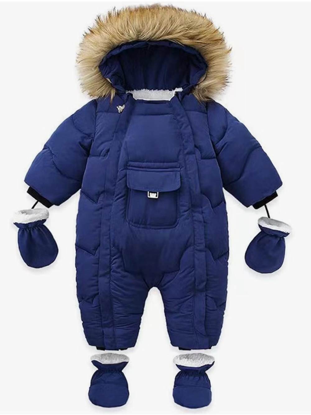 Amazon Navy Blue Infant Snowsuit with Faux Fur Hood Trim with Gloves and Shoes